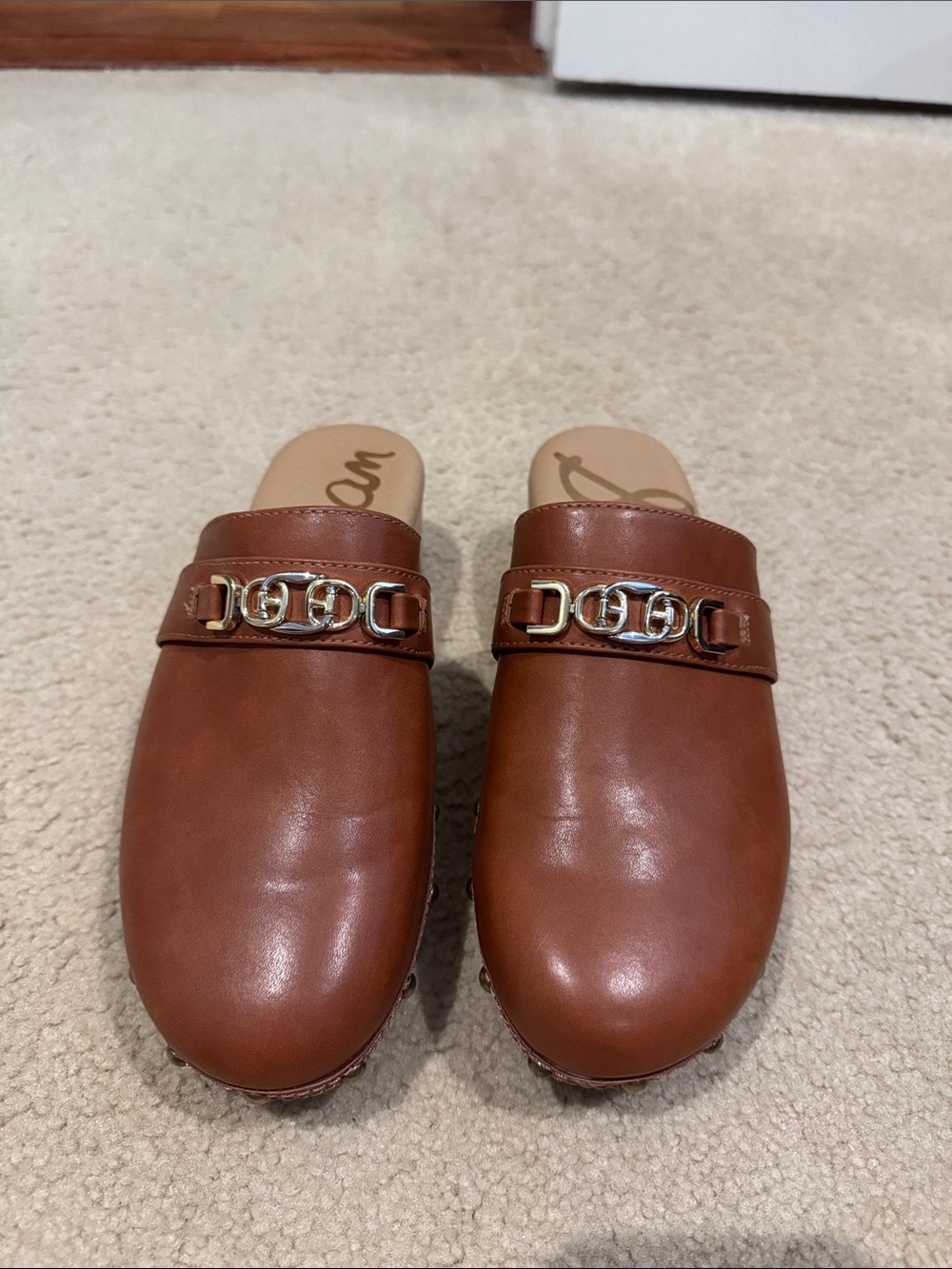 Sam Edelman Tan Leather Closed-Toe Mules with Gold Chain Detail